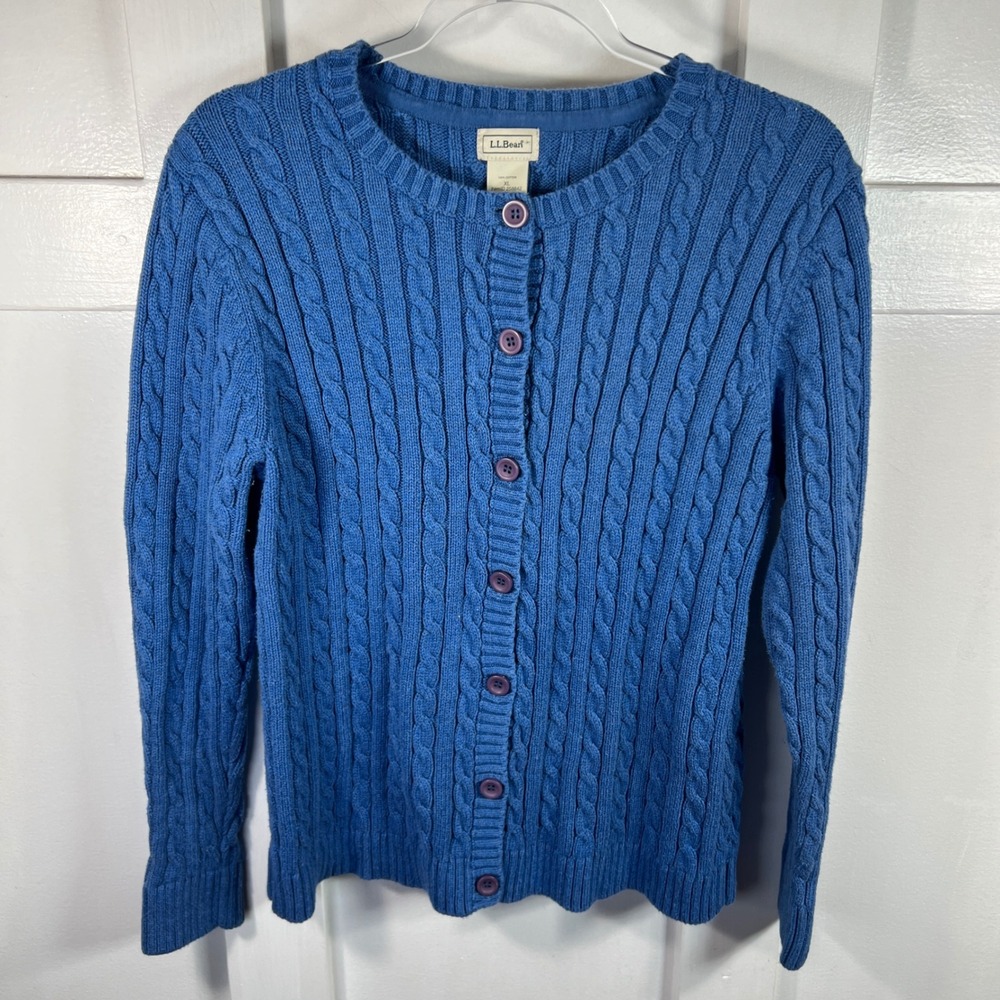 LL Bean Blue Cable Knit Cotton Cardigan Sweater XL 258842